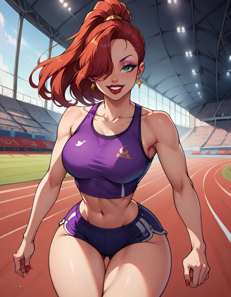 score_9, score_8_up, score_7_up, score_6_up, score_5_up, score_4_up, BREAK, source_anime, 1girl, red hair, long hair, hair over one eye, green eyes, lipstick, makeup, earrings, competition sports, (purple tank top:1.5), (large purple short:1.5), (on the track:1.5), (track and field), (running:1.5). ((action pose)), (Stadium background:1.5), Stadium full of people. Olympics. white trims, best quality, expressive eyes, short ponytail, high ponytail,, realistic BREAK 1girl, solo.  looking at viewer, dutch angle, looking up, smile, (big hips), hourglass body, happy, thigh gap, lips, red lips, lipstick,  BREAK parted lips,nail polish, ((narrow waist)), looking at viewer, thighs, indoors, 