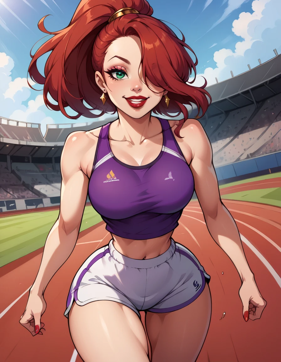 score_9, score_8_up, score_7_up, score_6_up, score_5_up, score_4_up, BREAK, source_anime, 1girl, red hair, long hair, hair over one eye, green eyes, lipstick, makeup, earrings, competition sports, (purple tank top:1.5), (large purple short:1.5), (on the track:1.5), (track and field), (running:1.5). ((action pose)), (Stadium background:1.5), Stadium full of people. Olympics. white trims, best quality, expressive eyes, short ponytail, high ponytail,, realistic BREAK 1girl, solo.  looking at viewer, dutch angle, looking up, smile, (big hips), hourglass body, happy, thigh gap, lips, red lips, lipstick,  BREAK parted lips,nail polish, ((narrow waist)), looking at viewer, thighs, indoors, 