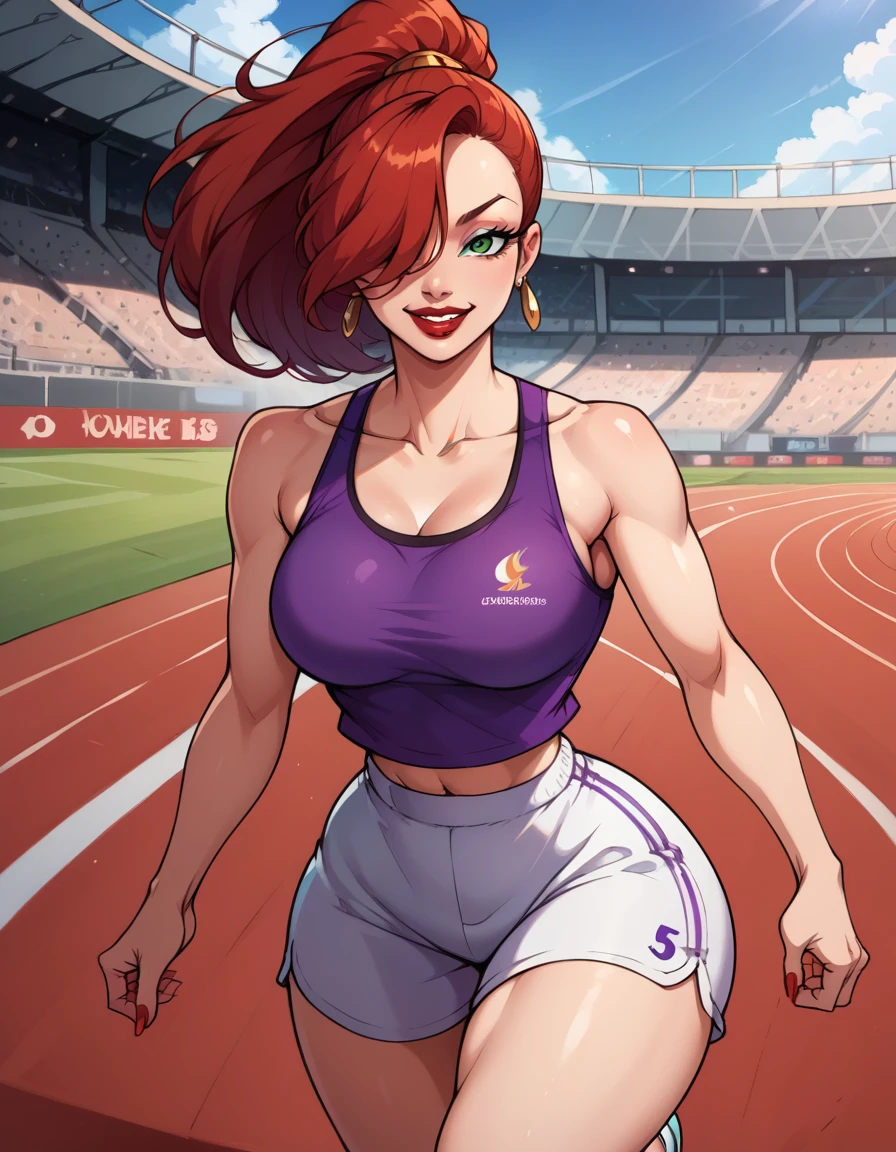 score_9, score_8_up, score_7_up, score_6_up, score_5_up, score_4_up, BREAK, source_anime, 1girl, red hair, long hair, hair over one eye, green eyes, lipstick, makeup, earrings, competition sports, (purple tank top:1.5), (large purple short:1.5), (on the track:1.5), (track and field), (running:1.5). ((action pose)), (Stadium background:1.5), Stadium full of people. Olympics. white trims, best quality, expressive eyes, short ponytail, high ponytail,, realistic BREAK 1girl, solo.  looking at viewer, dutch angle, looking up, smile, (big hips), hourglass body, happy, thigh gap, lips, red lips, lipstick,  BREAK parted lips,nail polish, ((narrow waist)), looking at viewer, thighs, indoors, 