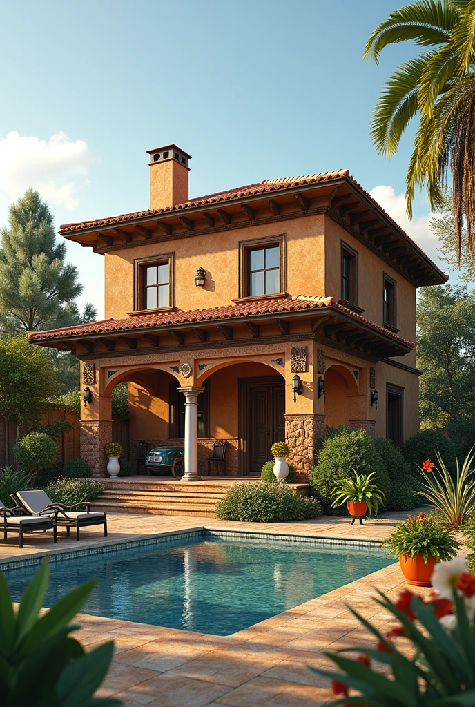 a 3d view of a single-story house for an 80-year-old widow, who likes African culture, who enjoys traveling to Italy, owns 4 cars and enjoys gardening