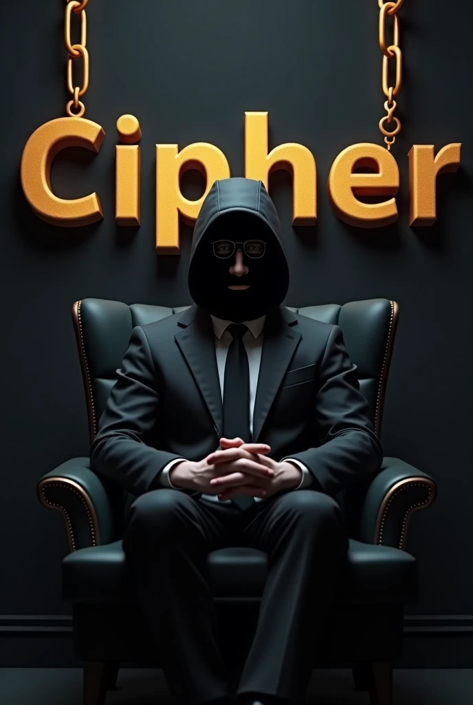 Generate a photo of a guy wearing a hacker mask and a suit, sitting in an armchair in a dark studio with a gold chain written in the middle of the chain Cipher and with his palms on the table with his hands crossed in 3d and with good quality and behind the character being written Cipher in a large way