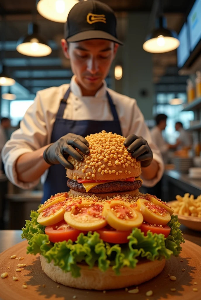 (robotnik), and sauce., tomates, A fast food counter worker is creating various interesting patterns and designs on a hamburger with lettuce, with a busy restaurant in the background, whole body, (fot), panoramic view, awardwinning, still cinematic, emotional, vignette, dynamic, vivid, (work of art, best qualityer, proffesional, perfect composition, very aesthetic, absurderes, ultra detali, details Intricate:1.3)