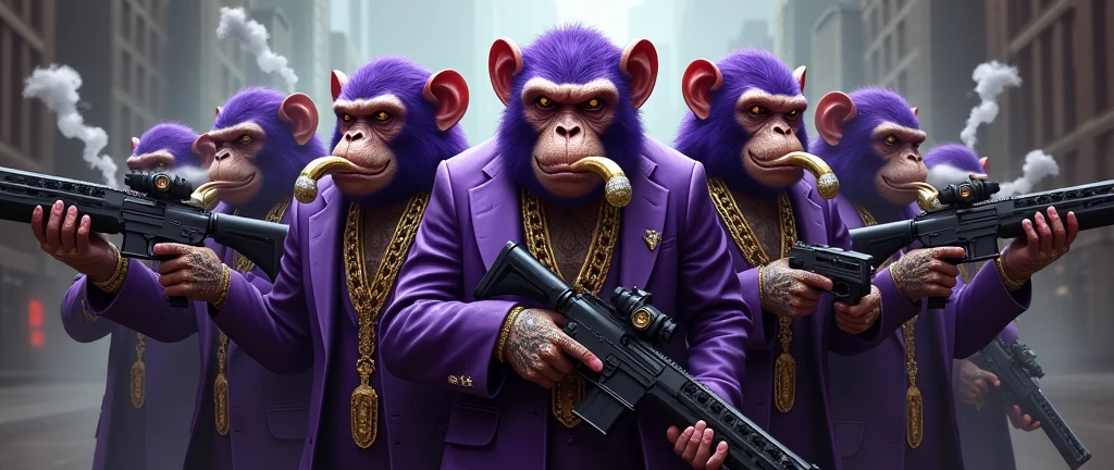 purple monkey gang, With giant and high-caliber weapons, with gangster SUIT with chains, tattooed, with huge diamond and gold rings, smoking with a pipe, with words that say "separation"