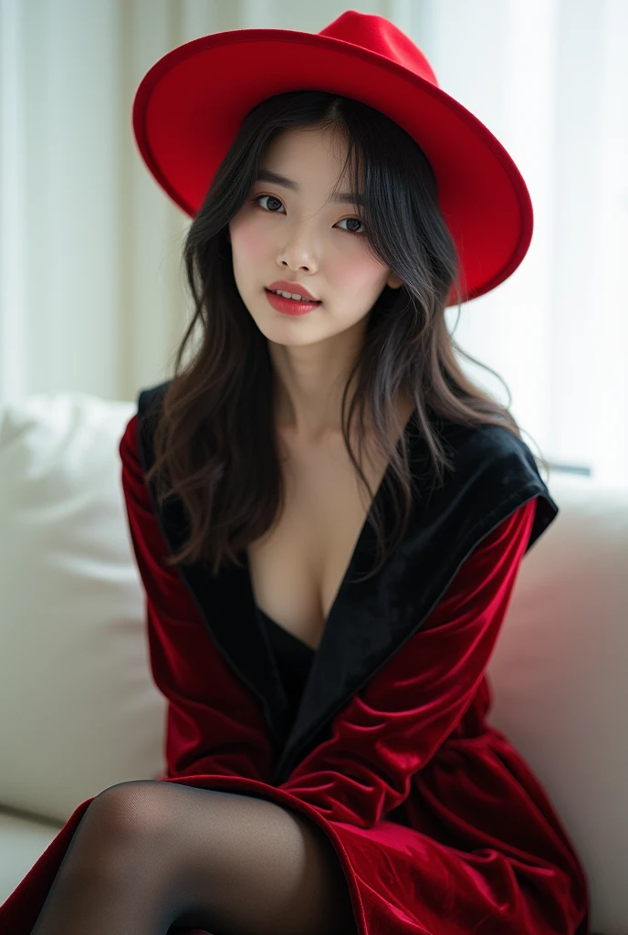 A woman wearing a red hat is sitting on a white sofa。, in red Velvet Stockings, Cute and elegant pose, juri misaki, narumi kakinouchi, Graceful smile pose, korean female fashion model, Velvet Stockings, Black and red silk clothing, Cute Korean Actresses, In a dress, Ayaka Cosplay, Dressed in red velvet