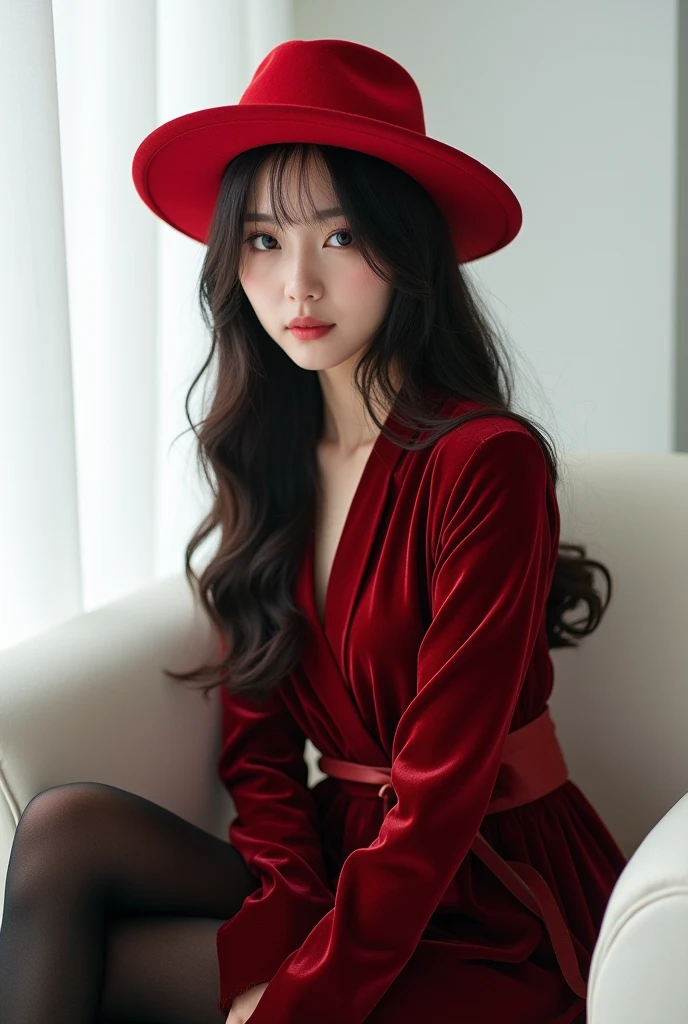 A woman wearing a red hat is sitting on a white sofa。, Black Stockings, Cute and elegant pose, Asian women in Arafe, Shirahime cut hairstyle, Neat hair with bangs, Kurohime cut hair, Cute - Beautiful face, Ulzzang, Beautiful Japanese Face, Cute - Beautiful - Face, Center-parted bangs, Brown hair and bangs, Brown hair with bangs, Korean, Graceful smile pose, korean female fashion model, Velvet Stockings, tights, Black and red silk clothing, かわいいKorean女優, In a dress, Dressed in red velvet