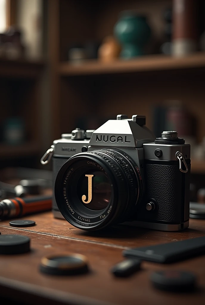 A camera with the letter J on the lens