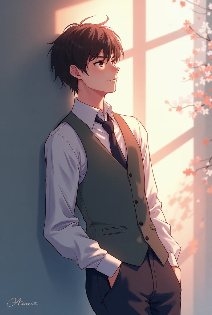 The atmosphere is like a shoujo manga.、A male dealer leaning against the wall, looking up、He is wearing a white shirt, vest, and tie.