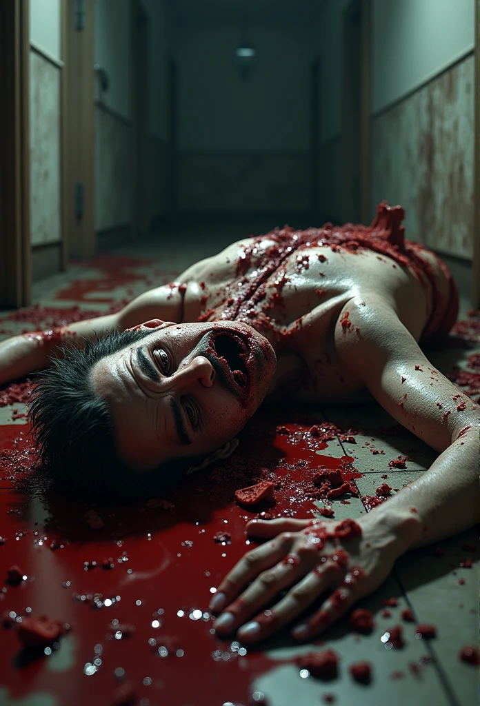 close up of a bloody mutilated dead man laying in a hallway, gore, nightmare