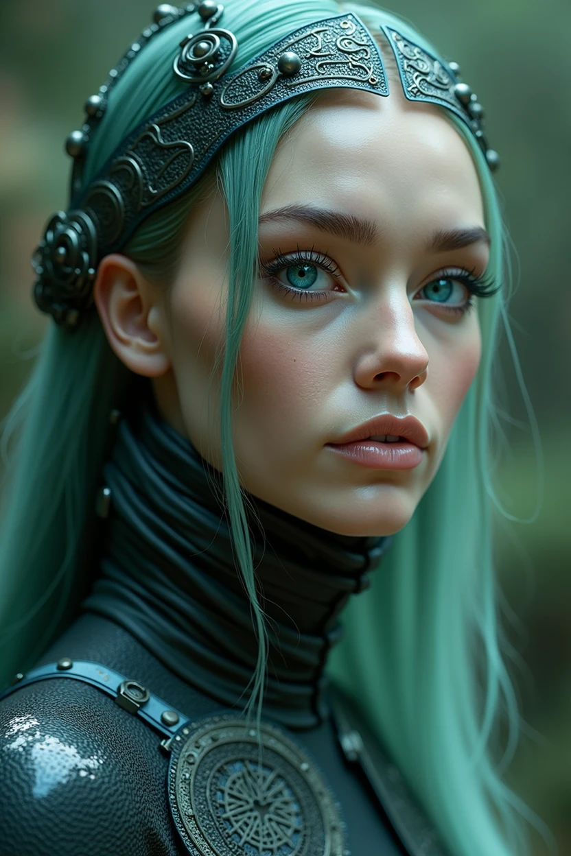 Generate an ultra-realistic image of Morgana, a cybernetic sorceress of mystical and sculptural beauty. Imagine a striking fusion of ancient magic and futuristic technology, with impeccable cinematic aesthetics. Female One, of surreal and ethereal beauty. Her features are fine and symmetrical, with high cheekbones and full lips, slightly hunched over into an enigmatic smile. Almond-shaped and hypnotic eyes, with one emerald green eye and the other sapphire blue, transmit