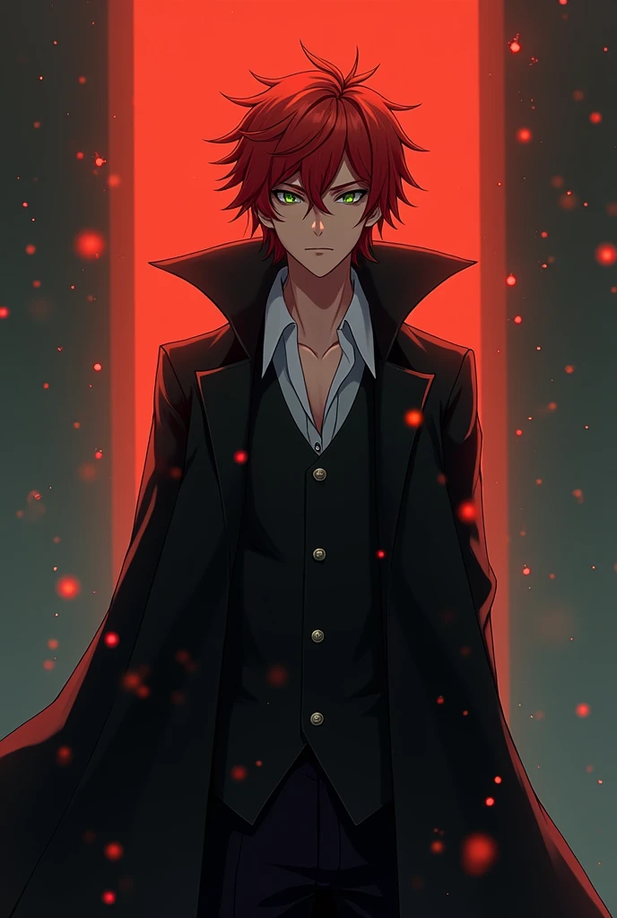 A 19 year old young man, 1,80m de altura, fair skin and bright red hair, disheveled in sharp points that fall over his large, expressive eyes. His eyes are usually green, but when his dark personality emerges, they become bright orange, like embers. His face is angular, with sharp anime-like features, and his expressions range from serene to menacing. He wears a long, black coat, that dramatically flows behind him, reinforcing his mysterious and imposing air.
