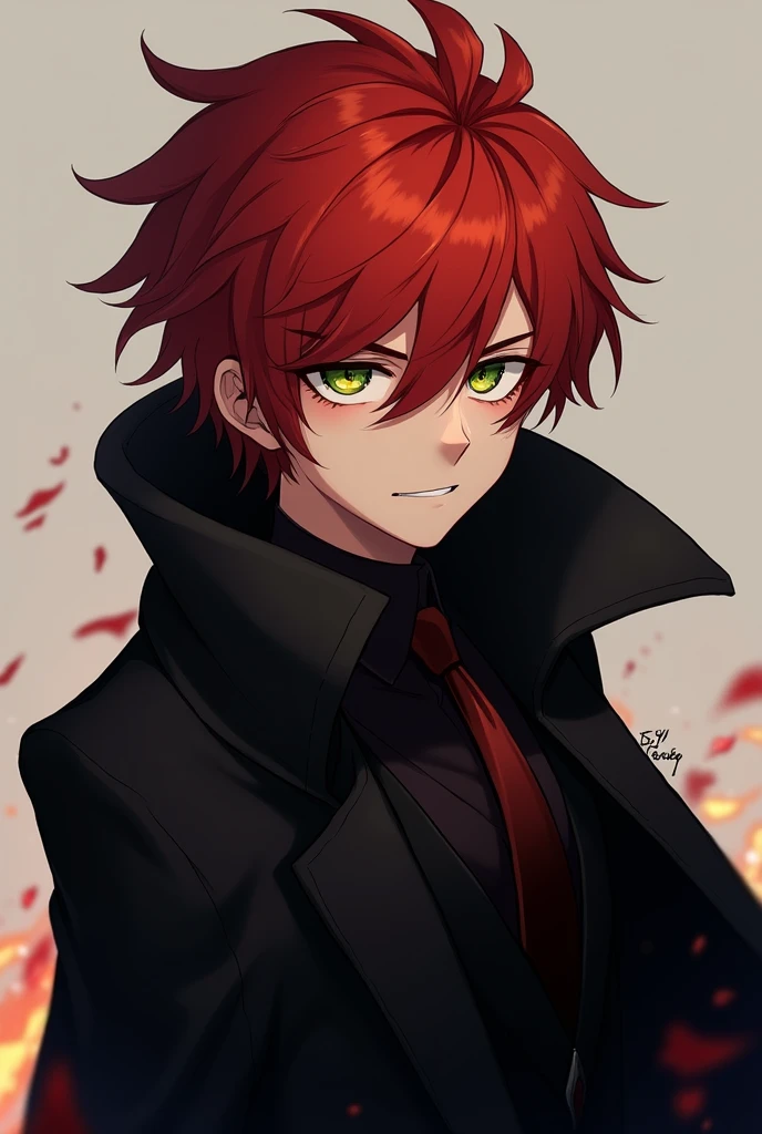 A 19 year old young man, 1,80m de altura, fair skin and bright red hair, disheveled in sharp points that fall over his large, expressive eyes. His eyes are usually green, but when his dark personality emerges, they become bright orange, like embers. His face is angular, with sharp anime-like features, and his expressions range from serene to menacing. He wears a long, black coat, that dramatically flows behind him, reinforcing his mysterious and imposing air.
