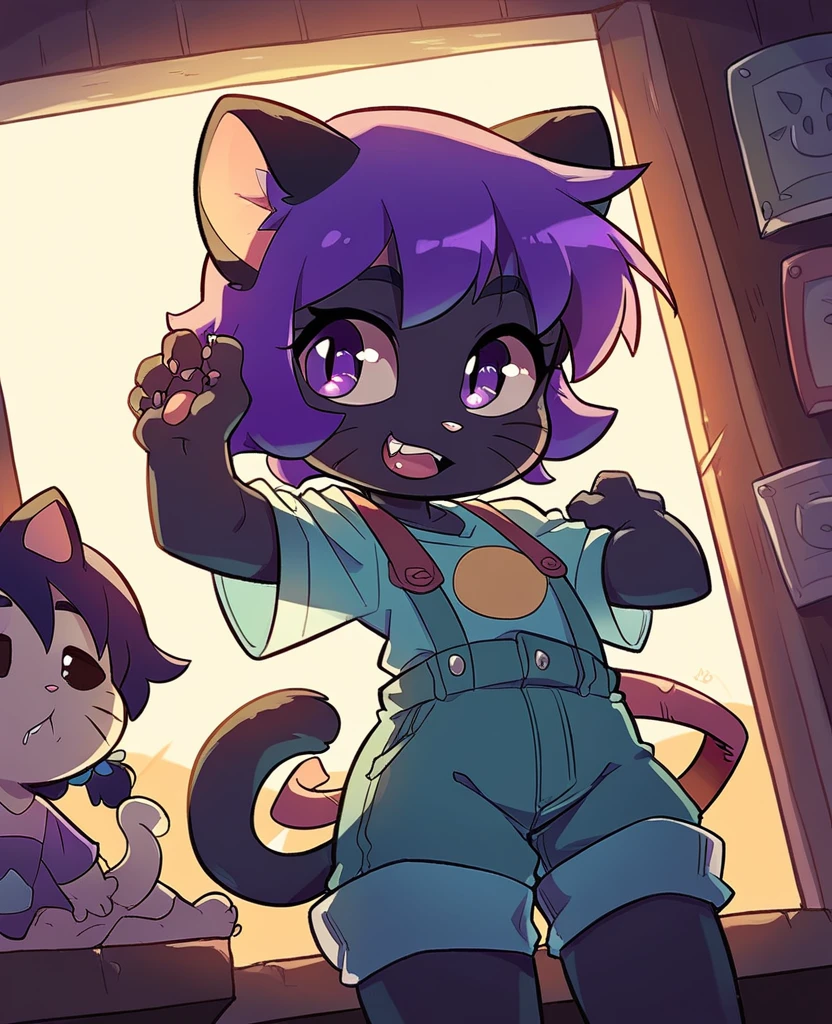 little cat, ??? girl cat, cub, fully black fur, purple hair, purple eyes