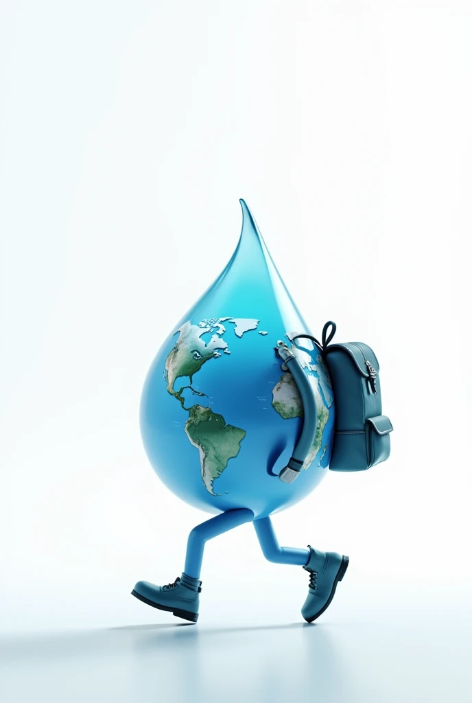 A planet Earth with a drop of water walking with its backpack on a white background