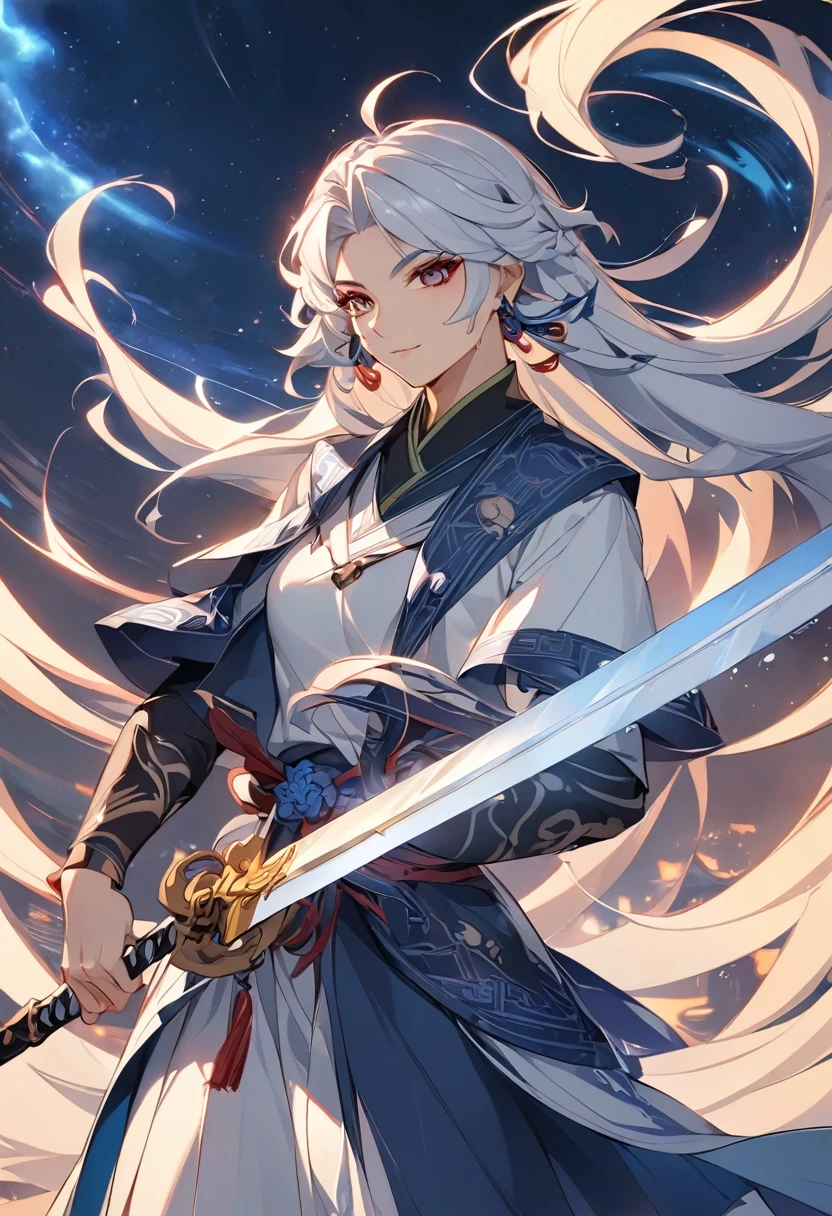 anime character dressed in blue holding a sword and a sword, zhao yun, heise jinyao, inspired by Guan Daosheng, inspired by Bian Shoumin, inspired by Zhao Yuan, cai xukun, inspirado em Hong Ren, inspired by Dong Yuan, g liulian art style, inspired by Zhang Han, chinese fantasy, inspired by Cao Zhibai