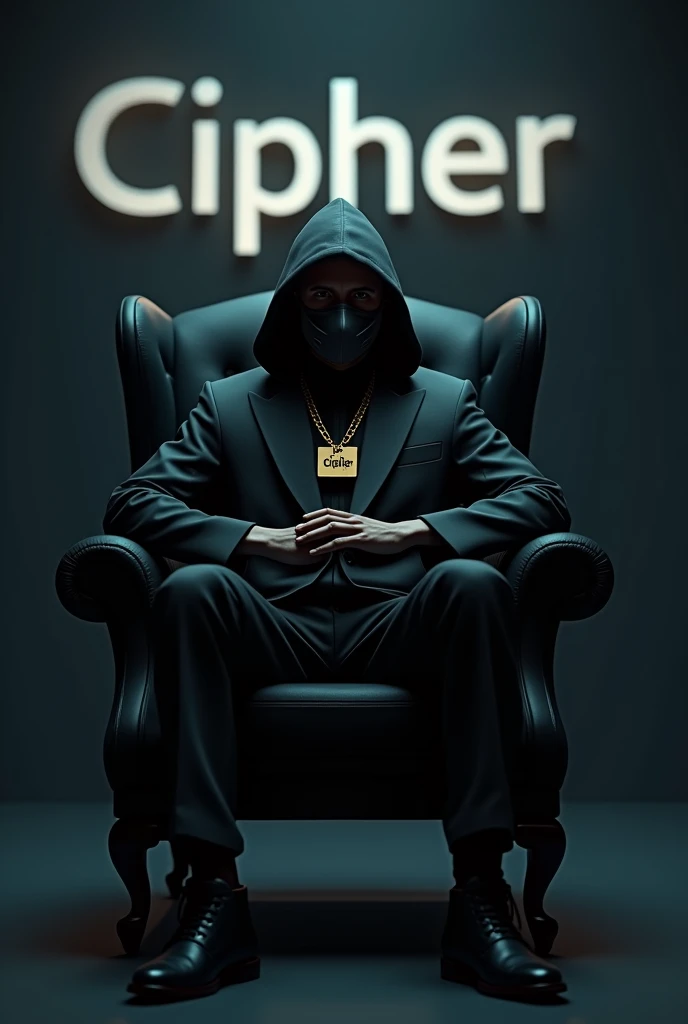 Generate a photo of a guy wearing a hacker mask and a suit, sitting in an armchair in a dark studio with a gold chain written in the middle of the chain Cipher and with his palms on the table with his hands crossed in 3d and with good quality and behind the character being written Cipher in a large way