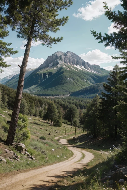 forest, mountains, realist, HD, 4k, green meal, trees, Shrubs, field, dirt road, rocks