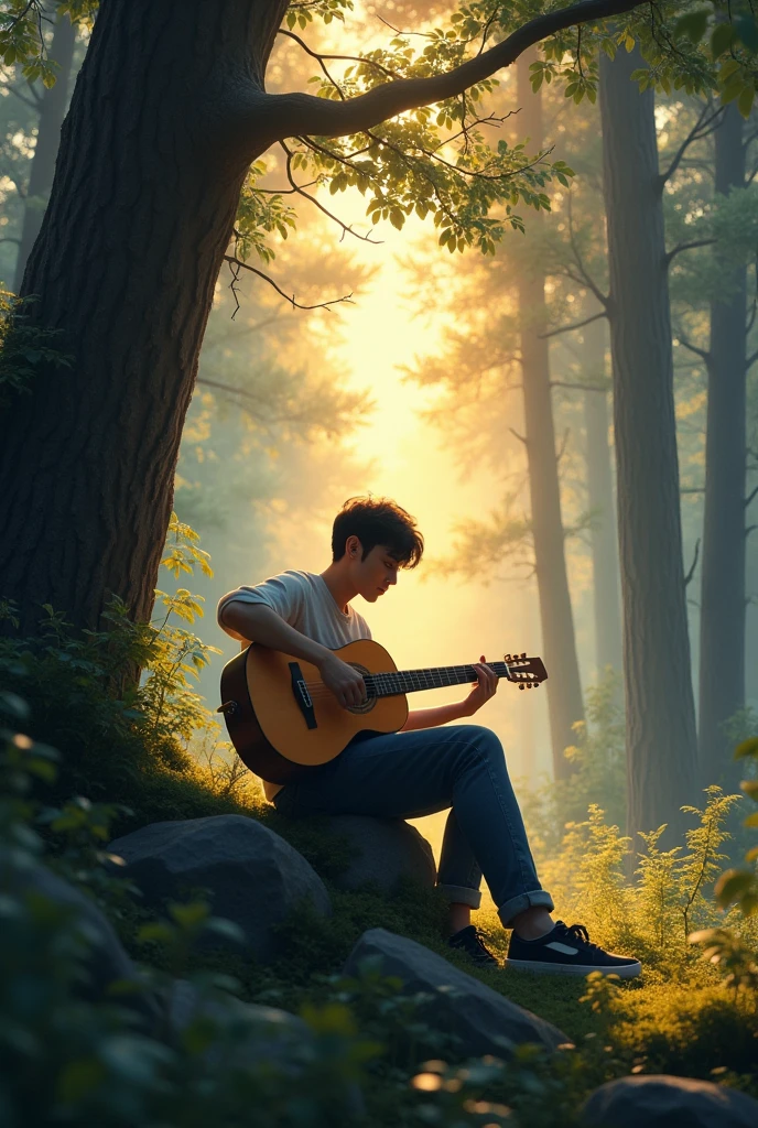 A young man playing a guitar in the twilight forest, sitting on a rock.. image taken from afar