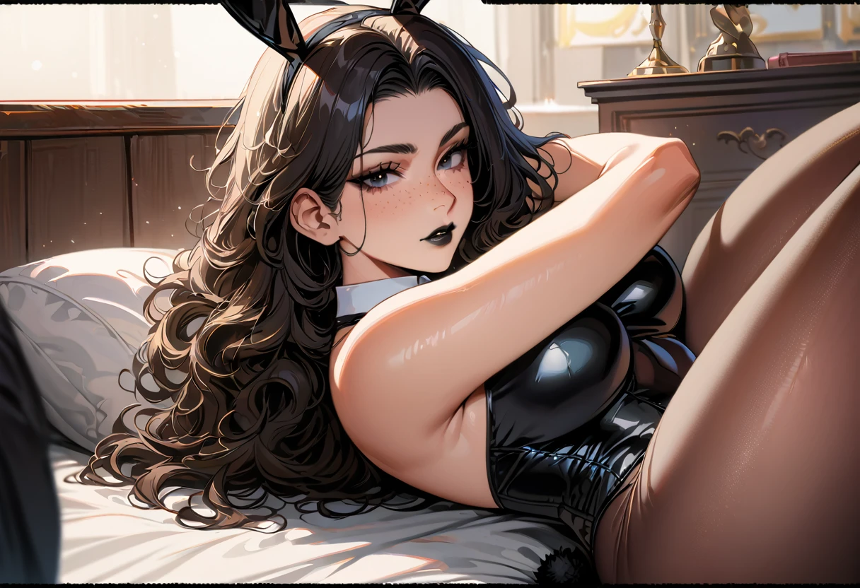 (high quality, 8k, 4K, high contrast, artwork:1.2, high quality, best aesthetics), ((back view)), ((1 woman)), erotic, sensual, mature body, grown woman, super detailed, beautiful face detailed, beautiful eyes detailed, detailed beautiful mouth, (long black wavy hair), (black eyes), (black eyeliner), (black eyeshadow), (black lipstick), (freckles), (relaxed expression), (serious penetrating gaze), (woman lying on her back), (women's black playboy bunny costume), (black bunny ears), (white collar with black bow tie), (pantyhose), (black rabbit tail), (light simple background), (big buttocks), (wide thighs), (bedroom), (focus on the ass), (butt angle)