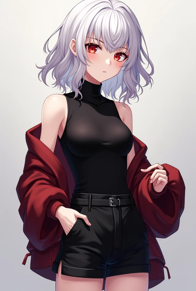 Usa un estilo de bujo de mushoku tensei. A beautiful young woman with wavy white hair, it reaches her chin and she has bangs. Her eyes are large, red and slightly slanted with long eyelashes. She also has a mole under the corner of her eye and two more on her right cheek. Physically she is somewhat thin but with proportionate curves and an athletic but delicate body, She always wears a sleeveless black turtleneck shirt with a pair of black shorts., over that she wears a plain black skirt with slits on both sides for more mobility. Use a loose dark red jacket
It's very pretty.