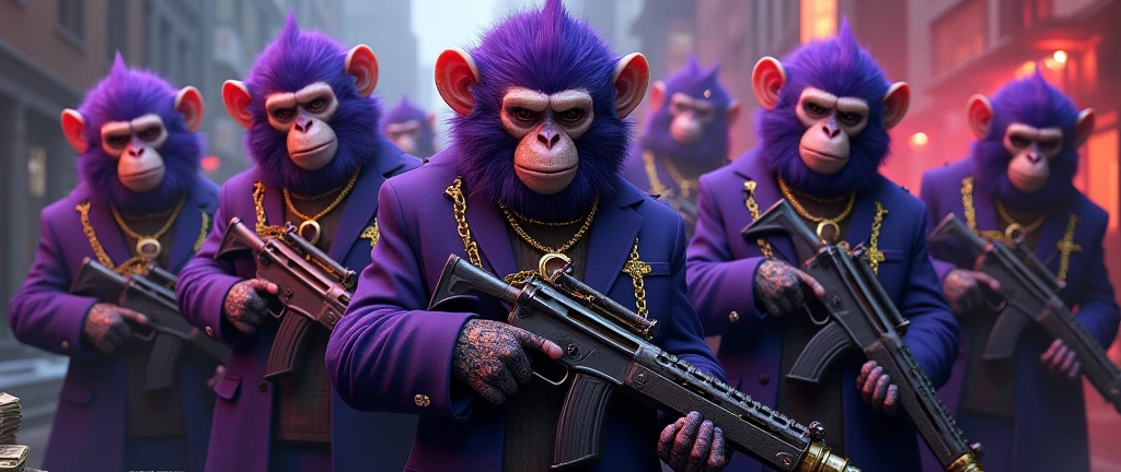 purple monkey gang, With giant and high-caliber weapons, with gangster SUIT with chains, tattooed, with huge diamond and gold rings, smoking with a pipe, and a fund full of dollars
