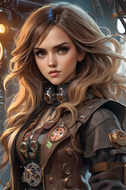 Jessica Alba, (absurdres, highres, ultra detailed), 1woman, mature female, aged, long wavy hair, split-colored hair, heterochromia, bangs, long sleeves, finely detailed eyes and detailed face, extremely detailed CG unit 8k wallpaper, intricate details, (style-rustmagic: 0.8), (medieval cyborg: 0.8), portrait, (bloody wounds:0.7), looking at the viewer, solo, half shot, detailed background, (steampunk theme:1.1) determined expression,  technomancer dark couds, floating lights, colorful leather vest with gears, techwear, jetpack, workshop in the background, machines, gears, steam, industry, technology, oven, dirt, anvil, buttons, levers, automaton, electricity, electric sparks epic atmosphere,, portrait