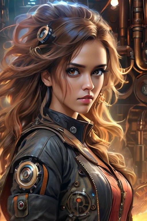 Jessica Alba, (absurdres, highres, ultra detailed), 1woman, mature female, aged, long wavy hair, split-colored hair, heterochromia, bangs, long sleeves, finely detailed eyes and detailed face, extremely detailed CG unit 8k wallpaper, intricate details, (style-rustmagic: 0.8), (medieval cyborg: 0.8), portrait, (bloody wounds:0.7), looking at the viewer, solo, half shot, detailed background, (steampunk theme:1.1) determined expression,  technomancer dark couds, floating lights, colorful leather vest with gears, techwear, jetpack, workshop in the background, machines, gears, steam, industry, technology, oven, dirt, anvil, buttons, levers, automaton, electricity, electric sparks epic atmosphere,, portrait