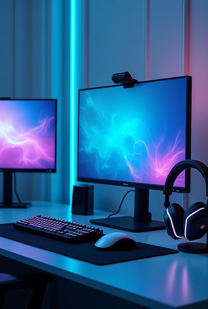 create an image of a laptop gamer setup with a monitor on the right, a laptop on the left on a stand, on a white desk, with a black mousepad, a 60% keyboard% make it rgb with blue light and a white rgb mouse with blue light, in the background put some white 3d panels with blue rgb on the edges, also a black headphone stand and white headphones