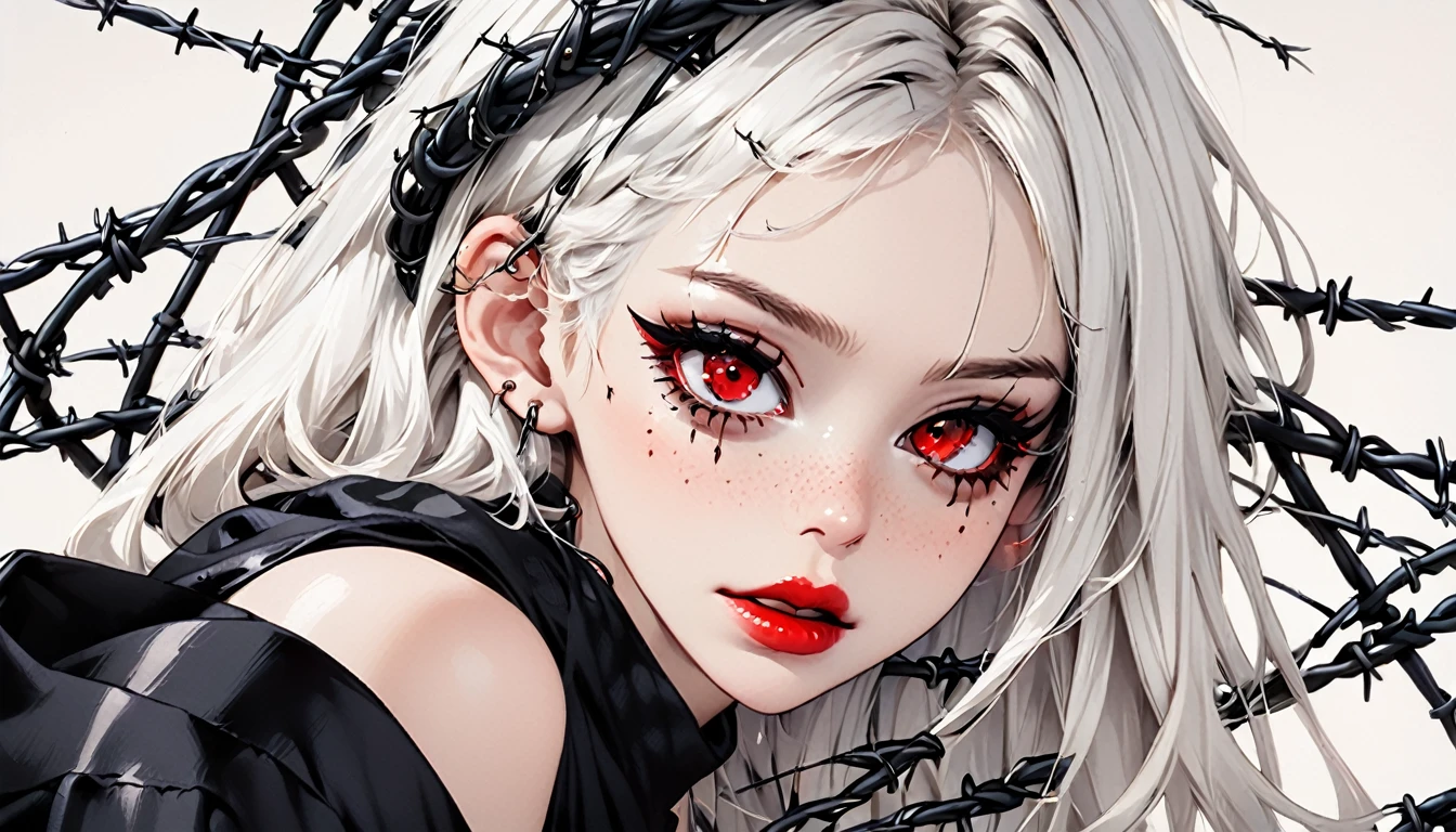 Beautiful young white-haired girl with piercing red eyes, half smile with full lips, black nails, barbed wires everywhere(coiled black barbed wires)