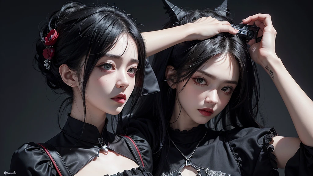 highest quality、、masterpiece:1.3、Gothic punk、The inside is red、Gray black hair、hair ornaments、Beautiful girl、creative、Punk Shirt、Neogoth、Gothic-Mode:1.2、High resolution、masterpiece、highest quality、head m:1.3、((Hasselblad Photos))、fine skin、keen focus、(cinema lights)、Discover Tokyo'The city at night beyond the neon lights, Forehead open, 、Petting'Hair back、Shoulder free、Small red rose tattoo on the décolleté、Nur ein Tattoo