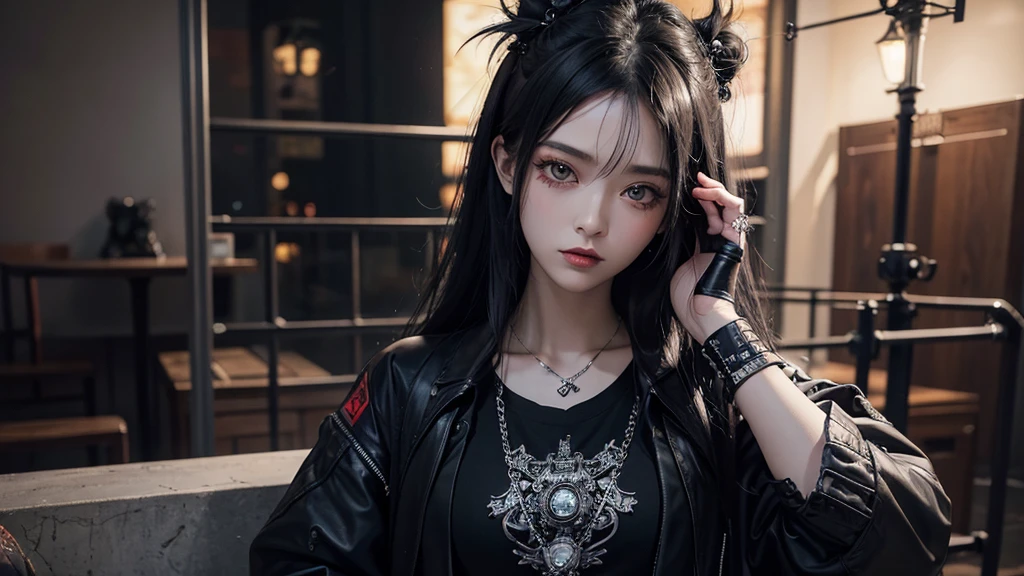 highest quality、、masterpiece:1.3、Gothic punk、The inside is red、Gray black hair、hair ornaments、Beautiful girl、creative、Punk Shirt、Neogoth、Gothic-Mode:1.2、High resolution、masterpiece、highest quality、head m:1.3、((Hasselblad Photos))、fine skin、keen focus、(cinema lights)、Discover Tokyo'The city at night beyond the neon lights, Forehead open, 、Petting'Hair back、Shoulder free、Small red rose tattoo on the décolleté、Nur ein Tattoo