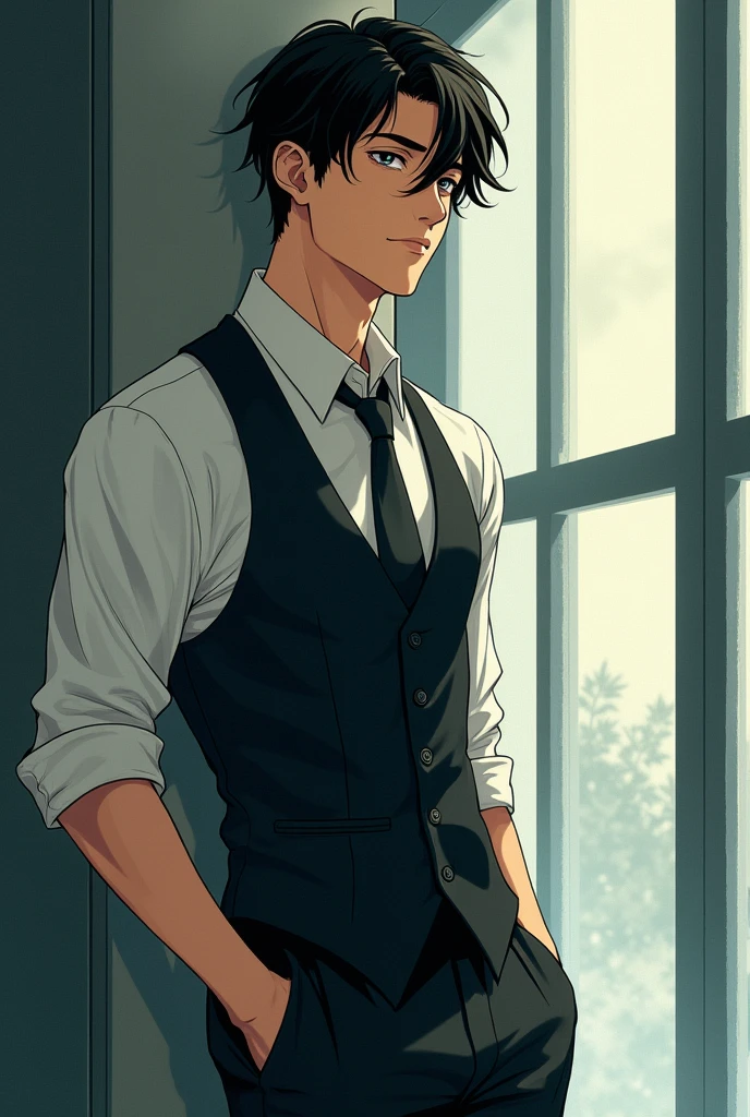 The atmosphere is like a shoujo manga.、A slender, muscular male dealer leaning against the wall, looking up.、He is wearing a white shirt, vest, and tie.