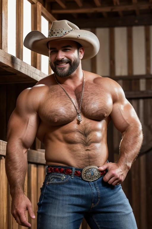 (((HdR))) handsome turco australiano burly bodybuilder big butts close up in tight studded jeans, strong muscular legs , with a blue plaid shirt and cowboy hat, Ultra realistic masterpiece high detail 8k large belt buckle , Profile con joyería de oro y brazaletes fondo de estudio con bigote , smiling chain necklace chubby, Bear, (Profile), (35 years ) perfect eyes and hands ((( perfect face))) hairy chest, in the rodeo show,
sentado