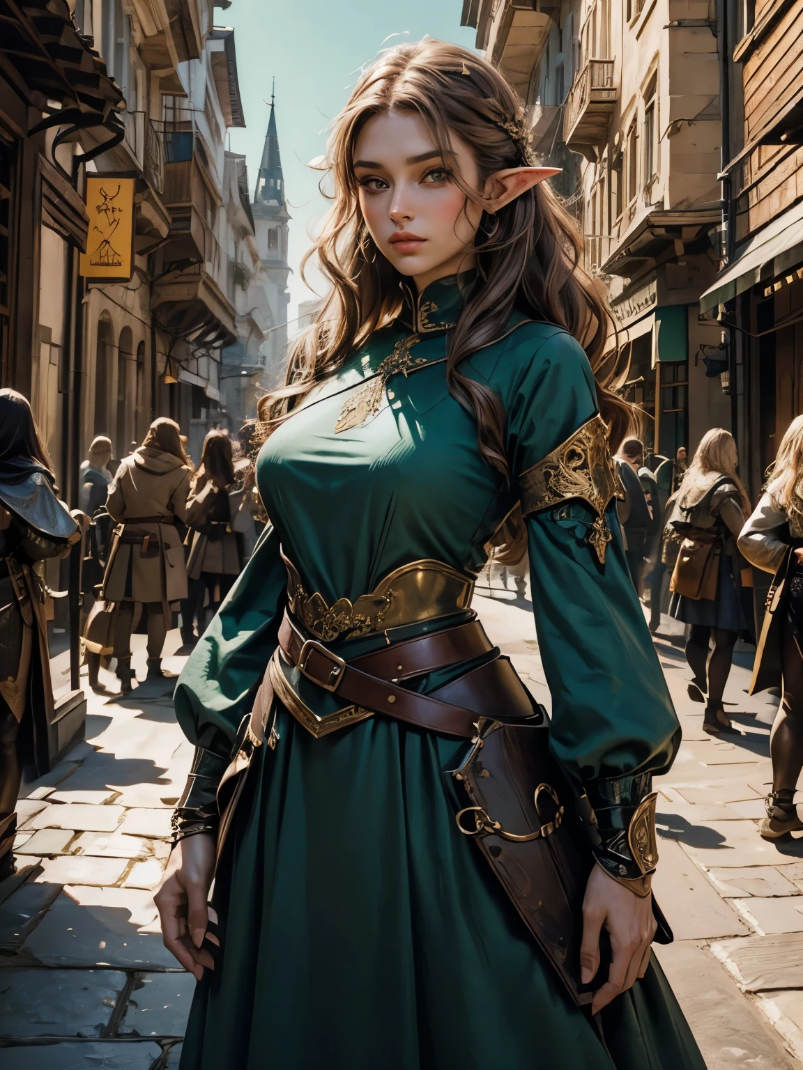 ((Medieval fantasy setting)). Tags: super detail, high details, high quality, best quality, highres, 4K, detailed face, face fix, detailed hands, detailed fingers, portret, 1girl "Echo is a 22-year-old half-elf. She has light brown skin. Thick light chestnut hair with caramel highlights and soft waves. Brown eyes with green hues. Her beautiful face is oval with soft features and pronounced cheekbones. She has full and attractive lips with a natural blush. A slight scar over her right eyebrow. Her ears are small like a human's but pointed like an elf's. Her physique is athletic and slim, she toned and flexible. She has a round and elastic body shapes."
Clothing. Body-hugging, mid-length dress with a high slit at the side for ease of movement. The dress has long sleeves that protect the arms but remain elegant.
Color: Dark blue or dark green.
Details: The dress is equipped with hidden pockets for small items or weapons. At the waist - a wide belt that emphasizes feminine forms, with the possibility of attaching small items.
Background: Medieval city, stone walls and buildings.
Tags: (covered hard nipples)