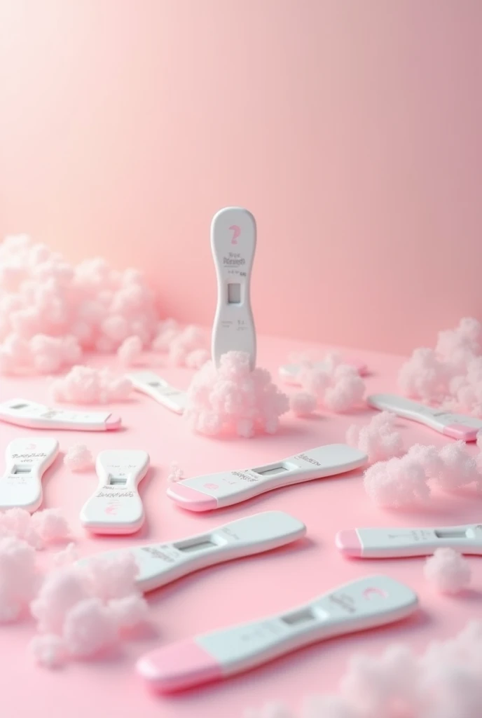 A background with pregnancy tests with a question mark in pastel colors with a center to place another image