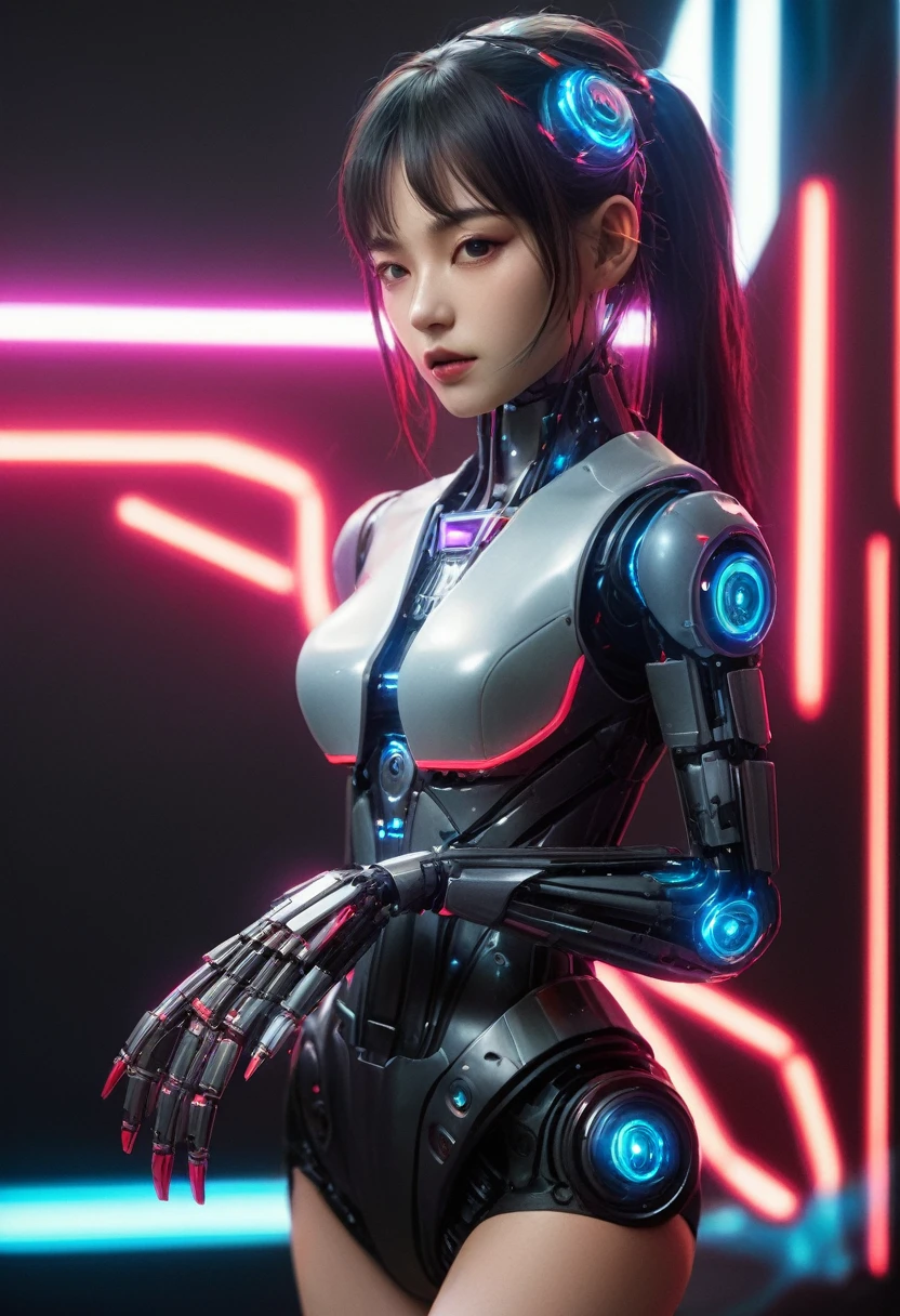 xxmixgirl. Highly detailed professional 35mm film, bokeh, face in sharp focus. A robotic female, Miku, with ((metal skin)), ((perfect Asian eyes)) with magenta irises and ((black pupils)), beautiful serious (detailed face), 18 year old ((photorealistic face)), very long magenta twin tails of magenta hair, twin black hair ties with a single red stripe. She may have a black audio headpiece. We can see her ((full body)) down to her boot soles. Her outfit is a sleeveless collared light grey shirt, outlined in red around the frilled collar and hems. Shiny reflective ((metallic breast cups, dimpleless)), invisible nipples. She wears black sleeves with red hems that start around her upper arm and bellow out as the sleeves open and extend to her wrists, with wide trumpet red rimmed cuffs. She has perfect robotic (detailed hands). She wears a red colored tie with two horizontal solid parallel black lines halfway across. She wears a fabric black skirt with a horizontal red hem at the bottom all the way around; her (((black skirt wraps around her))) and ((her skirt completely covers)) her robotic waist and thighs. Tall black boots with red bottom soles, a red rim around the top at her thighs. Her mechanical shoulder joints are visible. We can see her robotic legs and robotic neck. Half of her is covered with shiny polished machinery. The background is a distant dark neon futuristic Japanese city, gold, cyan, violet neon, near harbor or mountains.
