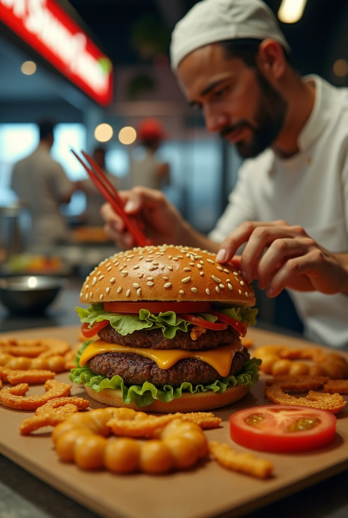 (robotnik), and sauce., tomates, A fast food counter worker is creating various interesting patterns and designs on a hamburger with lettuce, with a busy restaurant in the background, whole body, (fot), panoramic view, awardwinning, still cinematic, emotional, vignette, dynamic, vivid, (work of art, best qualityer, proffesional, perfect composition, very aesthetic, absurderes, ultra detali, details Intricate:1.3)