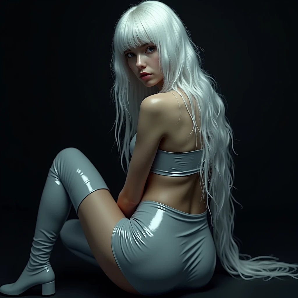 (full body shot) ((bird view photo)) a black wavy hair European woman, incredible blue eyes,, luminous design, masterpiece, best quality, extremely detailed 8k, ultra hd, ultra-detailed, highly detailed, highly realistic, (ultra-realistic), hyperrealistic, Real life style, (((top quality, masterpiece: 1.3)), (masterpiece), (best quality), (ultra-detailed),(nudes:1.2), (RAW photo:1.2),(masterpiece:1.3), (best quality:1.4), ultra high res, HDR, 8k resolution, dreamlike, check commentary, commentary request, scenery,((no text)), (full body), (detailed eyes),(detailed facial features), 1girl, araffed woman in white dress posing in front of a wall, super villain, beautiful russian woman, cosplay, cute girl with short pink hair, smooth white tight clothes suit, sexy look, ((pubic hair)), cinematic lighting, (full body shot), depth of field, ultra fine details, detailed clothing, detailed scenery, (perfect face, detailed face, detailed eyes) (cinematic:1.5)(Top Quality, 8k, 32k, Masterpiece, UHD: 1.3)