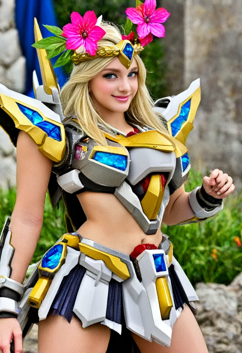 High resolution, masterpiece, Textured skin, One woman, Age 25, Valkyria, Long Hair, Blonde, Shiny Hair, blue eyes, Take a closer look, smile, Wearing a flower crown, Large Breasts, Show your chest, White elegant gold-decorated armor, Mini Pleated Skirt, Show thighs, Crystal Earrings, Big Spear, Detailed Background, Ruined Temple, Clear skies