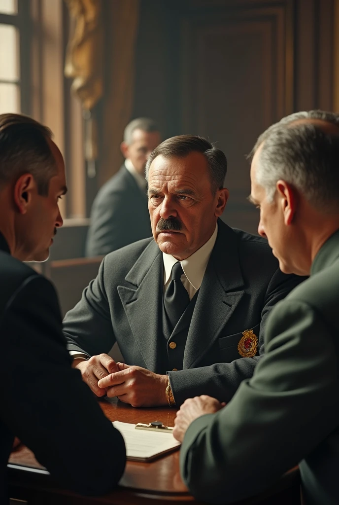 Show Adolf Hitler seated at the head of the table, surrounded by  officials and supporters, background dark, hyper realistic, ultra detailed hyper realistic, photorealistic, Studio Lighting, reflections, dynamic pose, Cinematic, Color Grading, Photography, Shot on 50mm lens, Ultra-Wide Angle, Depth of Field, hyper-detailed, beautifully color, 8k