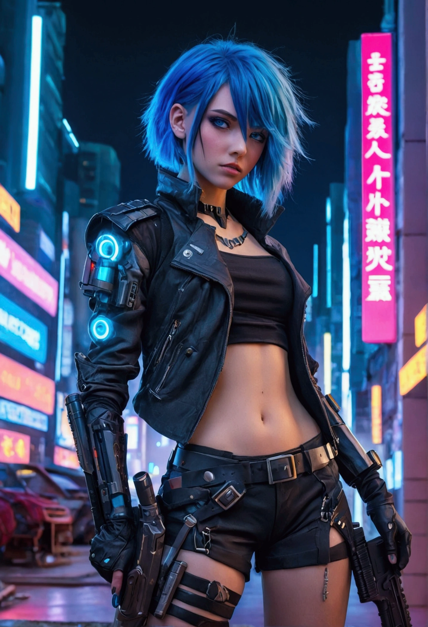 an anime, a sensual blue-haired girl, blue eyes, dressed as a cyberpunk mercenary, urban style, she wields a sword in one hand and a pistol in the other, in the background a futuristic city dazzles with its neon lights.