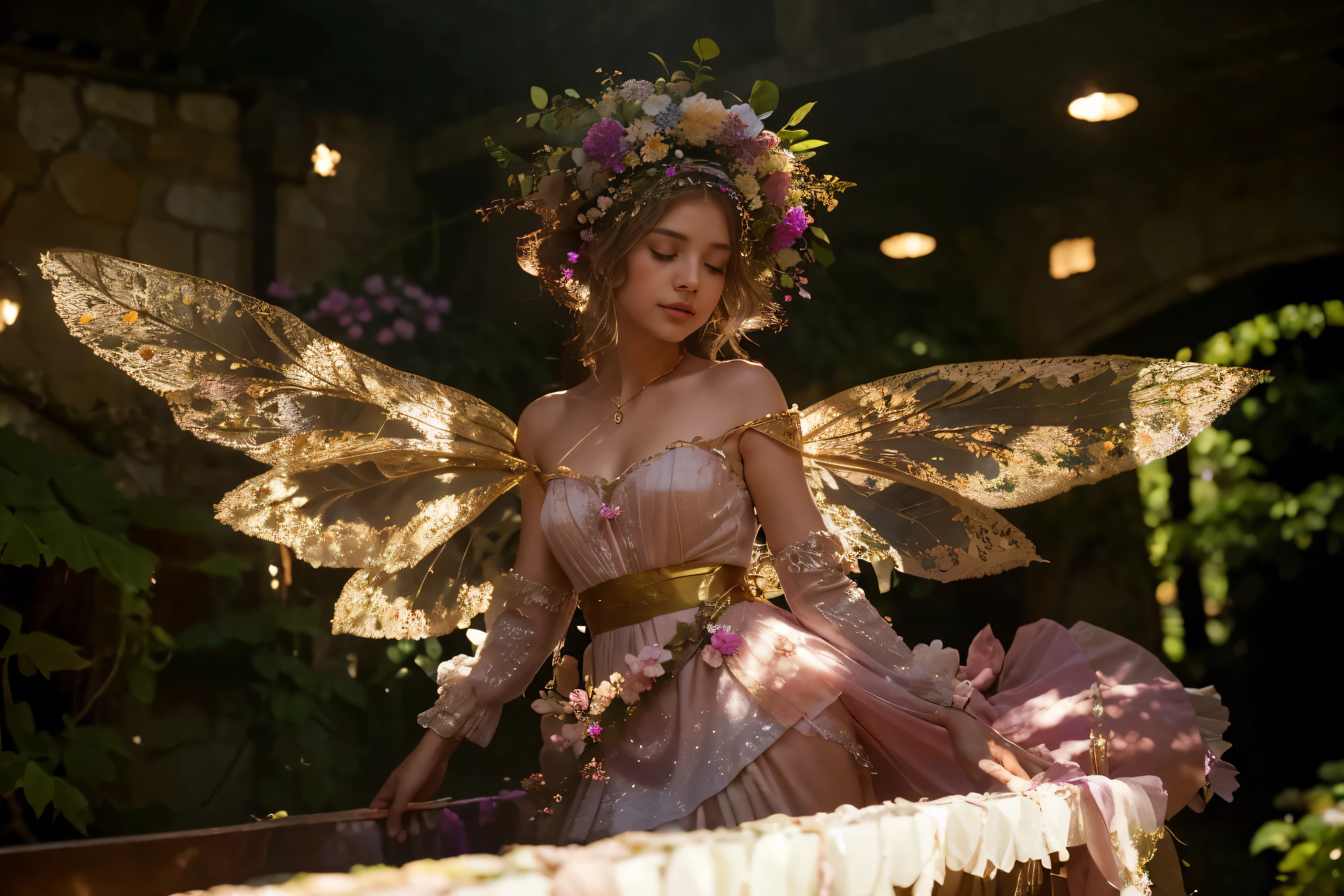 (Best quality, 8k, 32k, Masterpiece, UHD:1.2), "Transform the setting of the image into a magical Fairy Kingdom inspired by Tinkerbell from Disney. The environment should be lush and vibrant, filled with towering trees whose leaves shimmer with a soft, ethereal glow. The air is filled with tiny, twinkling lights that resemble pixie dust, creating a whimsical atmosphere. The ground is covered in a carpet of colorful flowers, and small streams of crystal-clear water flow gently through the landscape. Delicate bridges made of intertwined vines and flowers connect different areas of the kingdom, leading to various fairy homes nestled within the hollows of ancient trees or underneath oversized mushrooms. The architecture should be intricate and organic, with buildings blending seamlessly into nature, adorned with petals, leaves, and soft, glowing lights. The sky is painted with soft pastel colors, casting a gentle, golden light over the entire kingdom, creating a serene and enchanting atmosphere."