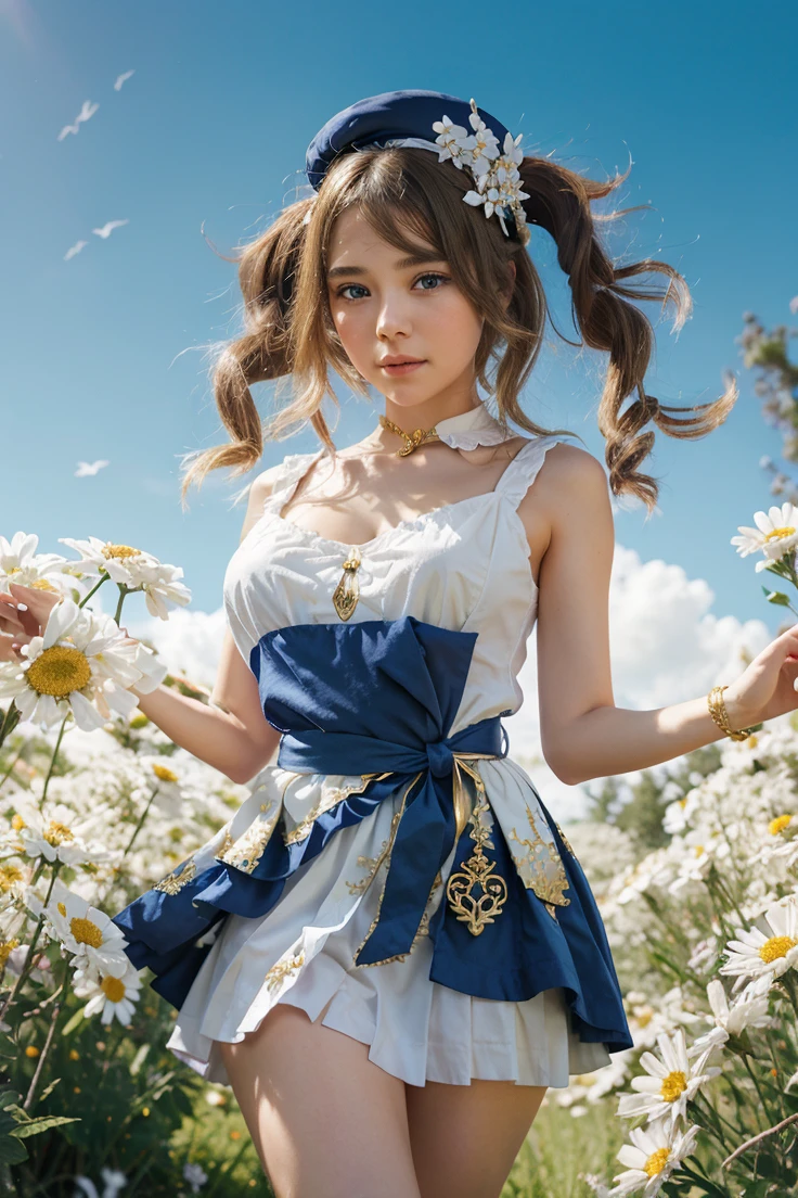 {Charming anime girl with wavy, light brown hair adorned with white floral accessories and a navy blue hat with golden accents, her bright blue eyes sparkle with delight:0.9}, {She wears a whimsical sailor dress in pristine white with navy blue and golden trim, a large bow with a cross motif at the collar, and a decorative blue sash around her waist. The outfit is embellished with intricate gold detailing and small charms, evoking a sense of enchantment:0.8}, [Set against a serene, early evening sky with gentle hues of blue and orange merging at the horizon, over a vibrant meadow blooming with white daisies, creating a peaceful and idyllic setting:0.7}, {The artwork is rendered in a clear and vivid anime style, capturing the soft textures of her hair and the delicate fabric of her dress, while the background blends a painterly touch to emphasize the magical, almost storybook quality of the scene:0.9},
{The overall composition is bright and airy, with a focus on high dynamic range that accentuates the light filtering through her hair and the reflective qualities of her eyes, enhancing the youthful and optimistic aura of the character:0.8}