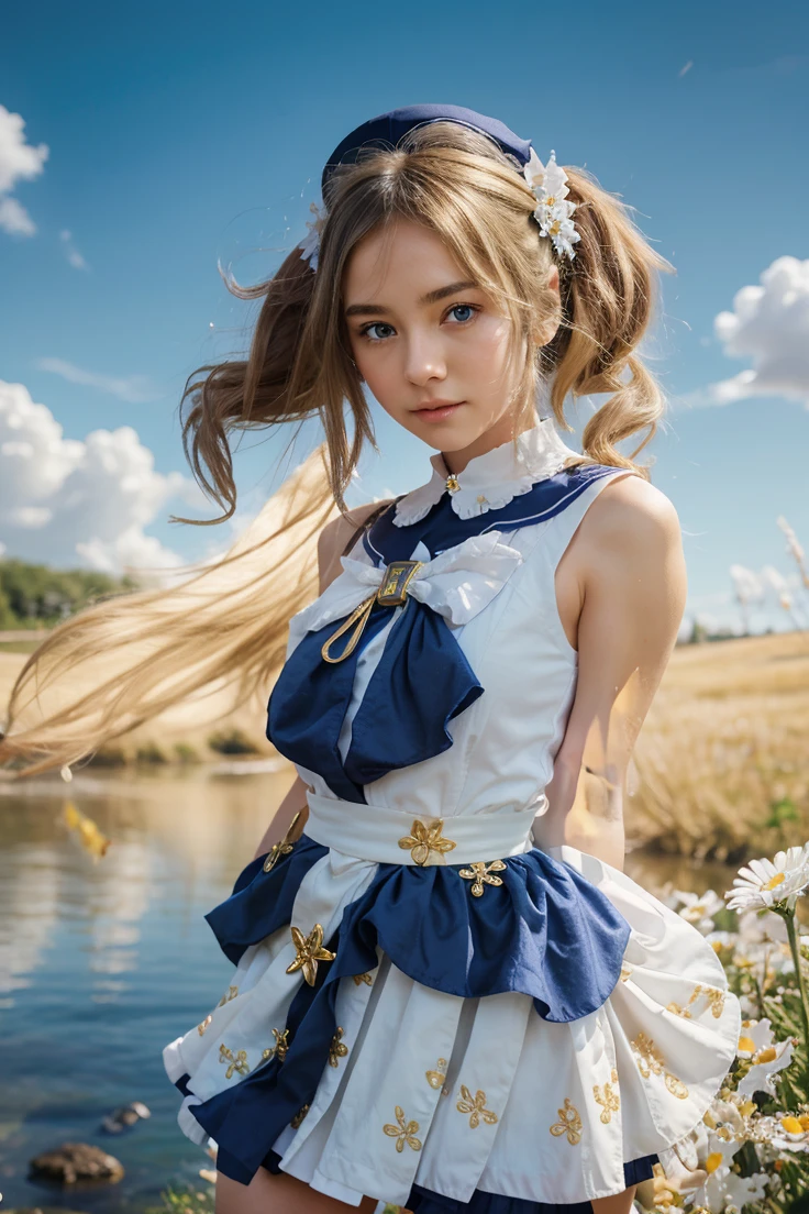{Charming anime girl with wavy, light brown hair adorned with white floral accessories and a navy blue hat with golden accents, her bright blue eyes sparkle with delight:0.9}, {She wears a whimsical sailor dress in pristine white with navy blue and golden trim, a large bow with a cross motif at the collar, and a decorative blue sash around her waist. The outfit is embellished with intricate gold detailing and small charms, evoking a sense of enchantment:0.8}, [Set against a serene, early evening sky with gentle hues of blue and orange merging at the horizon, over a vibrant meadow blooming with white daisies, creating a peaceful and idyllic setting:0.7}, {The artwork is rendered in a clear and vivid anime style, capturing the soft textures of her hair and the delicate fabric of her dress, while the background blends a painterly touch to emphasize the magical, almost storybook quality of the scene:0.9},
{The overall composition is bright and airy, with a focus on high dynamic range that accentuates the light filtering through her hair and the reflective qualities of her eyes, enhancing the youthful and optimistic aura of the character:0.8}