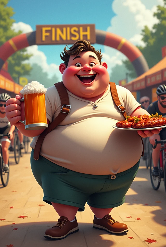 Fat man riding a bicycle with a glass of beer and a meat skewer in his hand 
