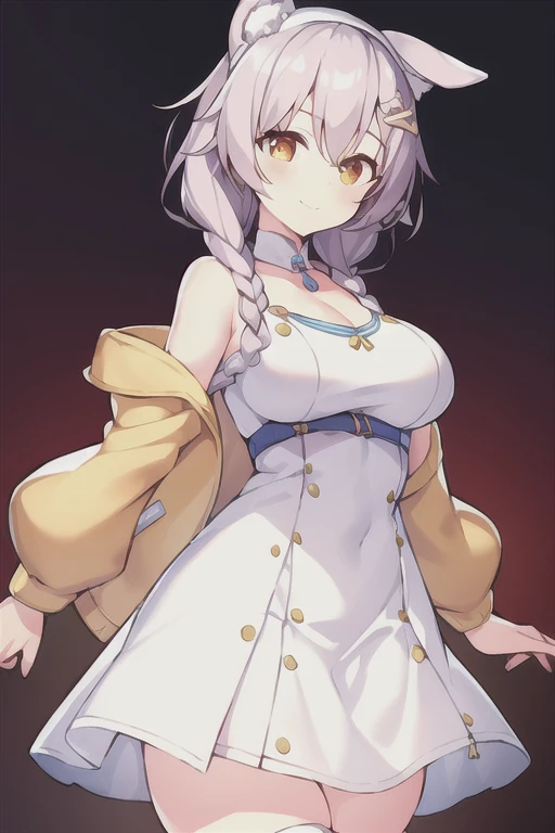 1girl, Korone, smile, dog ears, twin braids, sidelocks, hair ornament, ((white dress)), yellow jacket, dress, jacket, open clothes, open jacket, short dress, sleeveless dress, huge breasts, wide hips, thick thighs, tall, tall female, mature female, bandana, scarf, hourglass figure, arms behind back, standing, ((arms behind back))