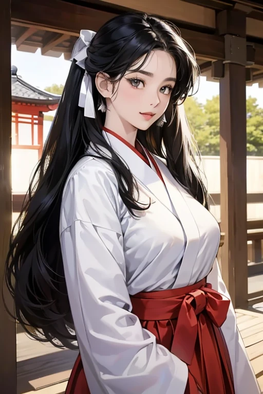 ( High resolution、 Super detailed)、masterpiece、Highest quality、High resolution、8k、Realistic Face、Realistic skin texture、 Amazing clarity、Detailed Anime、15-year-old female、、Long black hair、Her hair is tied up with a white ribbon.、Japan Priestess、Innocent eyes、Smiling eyes、Miko style、(upper body white kimono、Lower body red hakama)、 Slim figure、Big Breasts、At the shrine、afternoon、Cowboy Shot、Japanese garden、
