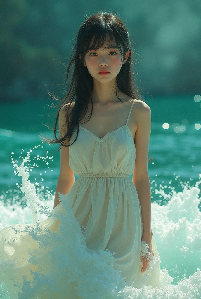 (masterpiece, Highest quality), ((One girl, alone, Long Black Hair)), Innocent look, Bare arms, Exposing shoulders, Bare neck, watercolor, Sundress, Liquid clothing, water, Wave, water dress, green_theme, night, haze, translucent, Sharp focus, Ocean, flowing dress