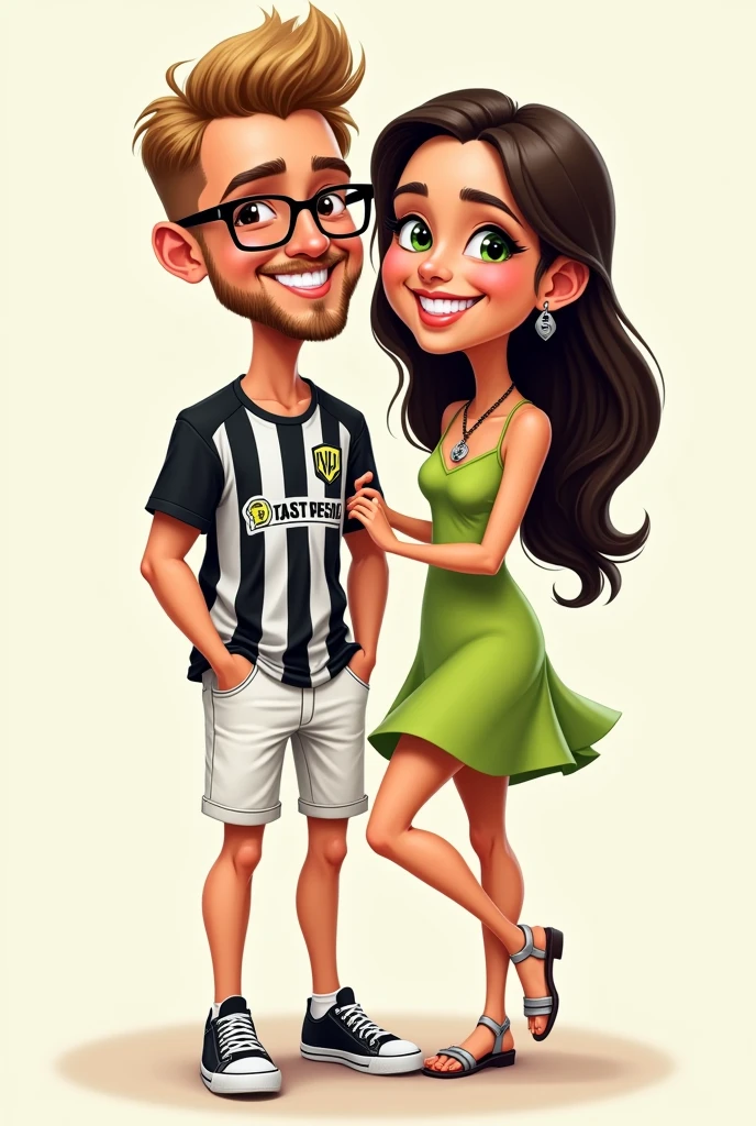 A cartoon or caricature drawing of a couple. The boy has a square face and does not have a thin chin., big forehead, It's blond, He has straight, short hair, shorty, no quiff with the bangs combed to the side, Okay. His hair is not frizzy. Eleusa light brown beard, short and mustache, and has light brown eyes. He wears rectangular glasses with black frames and smiles. He doesn't wear earrings. He wears white denim shorts that cover his knees, Rio de Janeiro Botafogo football team shirt which has white and black stripes and the team crest on the left chest. He wears low-top black sneakers. He doesn't wear socks. He wears a black leather chain around his neck with a silver pendant. His right hand is in his shorts pocket and his left hand is on his girlfriend's waist. ella, A sua volta, has dark brown slightly wavy very long hair, almost at the waist, green eyes and thick eyebrows. ella veste um vestido verde limão só um pouquinho acima dos joelhos, a small red bag and silver sandals. The sandal has thin straps crossed at the front and has a 4cm thin high heel. ella está de lado, with one knee bent at 90 degrees with the foot back. ella está apoiando as mãos no ombro do namorado, while he holds her waist.