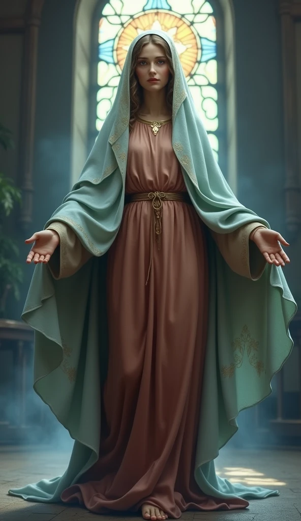 Beautiful Virgin Mary, whole body, A reddish-beige tunic with a pale blue cloak and veil, Inside the church, night, Stained glass in the background