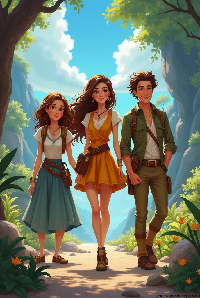 Create 3 adventure friends 2 women and a man disney characters